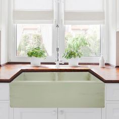 a kitchen sink sitting under two windows next to a window sill with potted plants on it