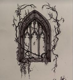 a drawing of a window with vines growing around it