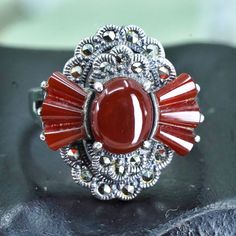 Size 10.25, Vintage sterling silver 925 handmade ring with carnelian and marcasite details, stamped 925 KL Vintage Silver Carnelian Rings, Solitaire Ring, Sterling Silber, Vintage Sterling Silver, Handmade Ring, Silver 925, Jewelry Rings, Etsy Accessories, Accessory Gift