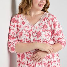 Get cozy and comfortable in this Adonna women's plus long-sleeve floral-print nightgown. Cut in a maxi-length style from soft stretch-jersey, this nightdress has a v-neckline with a lace trim and button-front closures.Features: Lace TrimClosure Type: Button, Pullover HeadNeckline: V NeckSleeve Length: Long SleeveApparel Length: 54 InchesFiber Content: 90% Polyester, 10% SpandexFabric Description: JerseyCare: Tumble Dry, Machine WashCountry of Origin: Imported Long Sleeve Floral Print Sleepwear For Lounging, Floral Print Long Sleeve Sleepwear For Lounging, Relaxed Fit Floral Print V-neck Sleepwear, Long Sleeve Floral Print Sleepwear For Sleepover, Spring Red Sleepwear For Lounging, Red Long Sleeve Nightgown, Floral Print V-neck Sleepwear For Loungewear, Floral Print Long Sleeve Nightgown For Sleepovers, Long Sleeve Floral Print Nightgown For Sleepovers