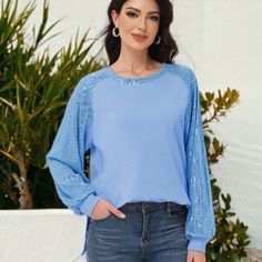 Elevate your casual wardrobe with the Anna-Kaci Women's Casual Sequin Balloon Long Sleeve Blouse. This top features long sleeves adorned with sequins, a loose round neck, and a comfortable, relaxed fit, perfect for adding a touch of sparkle to your party outfits. Light Blue Crew Neck Blouse, Blue Stretch Blouse With Crew Neck, Light Blue Casual Party Blouse, Casual Light Blue Party Blouse, Light Blue Casual Blouse For Party, Spring Crew Neck Blouse For Night Out, Spring Night Out Blouse With Crew Neck, Light Blue Crew Neck Blouse For Spring, Casual Crew Neck Blouse For Party