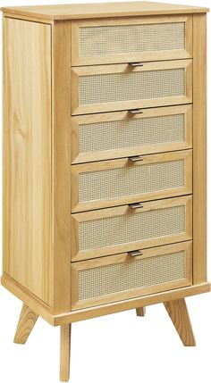 a wooden cabinet with wicker drawers on the top and bottom drawer, all in natural wood