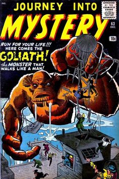 the cover to journey into mystery comics, featuring an image of a giant creature and other people