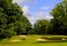 a golf course surrounded by trees on a sunny day