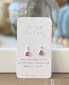 "Channel Set Crystal dangle earrings for little girls or adults who prefer small earrings.   Each pair is created with silver plated 6mm round channel set faceted crystals on nickel-free sterling silver posts with sterling silver butterfly clutch earring backs.   Sold as a pair. Arrives on an earring card that says \"Happy Birthday! Always remember just how precious, strong, beautiful, kind and amazing you are.\" This is tucked into a white organza gift pouch. Also available on a regular earring Earrings For Kids, Gift For Granddaughter, Butterfly Clutch, Initial Earrings, Earring Card, Birthstone Earrings, Crystal Dangle Earrings, Kids Earrings, Earring Cards