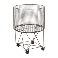 a metal wire basket with wheels on the bottom and one wheel attached to the top