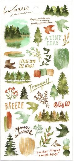 a watercolor painting with trees and other things on the page, including words that describe nature