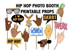 a bunch of stickers that are on top of each other with the words hip hop photo booth printable props