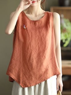 Women's Cotton Linen Retro Loose Art Bottom Camisole Top Green-M Brown Summer Camisole Cami, Brown Summer Camisole, Sleeveless Brown Cotton Blouse, Brown Sleeveless Cotton Blouse, Brown Casual Sleeveless Tank Top, Casual Brown Sleeveless Tank Top, Brown Vest Top For Summer, Brown Summer Vest Top, Spring Brown Camisole