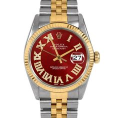 SKU#: 16013-RED-FDR-FLT-JBLPre-Owned Rolex 16013 Men's 36mm Datejust Watch, Custom Red Full Diamond Roman Dial & Rolex Yellow Gold Fluted Bezel on Rolex Yellow Gold & Stainless Steel Jubilee Band Model#: 16013 Case: Rolex 36mm Stainless Steel Case Movement: Rolex Automatic 3035 Caliber Dial: Custom Red Dial with Full Diamond Roman Hour Markers (Not Made by Rolex) Bezel: Rolex Yellow Gold Fluted Bezel Band: Rolex Yellow Gold & Stainless Steel Jubilee Band This Beautiful Watch Comes Fully Serviced Red Automatic Watches With Round Dial, Luxury Red Automatic Chronograph Watch, Red Automatic Watch With Round Dial, Luxury Automatic Red Watch Accessories, Red Automatic Chronograph Watch With Round Dial, Formal Red Automatic Chronograph Watch, Timeless Red Watch Accessories, Classic Red Watch Bands For Formal Occasion, Classic Red Formal Watch