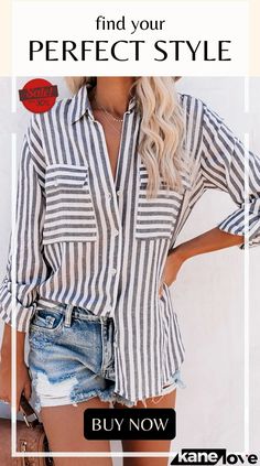 Cotton Striped Button Shirt Long Sleeve Tops With Pockets For Day Out, Casual Collar Tops With Buttons For Vacation, Vacation Tops With Casual Collar And Buttons, Button-up Beach Shirt With Placket Detail, Summer Button-up Shirt With Buttons, Striped Summer Tops With Casual Style, Collared Tops With Pockets For Beach, Trendy Long Sleeve Shirt With Roll-up Sleeves, Collared Beach Tops With Pockets