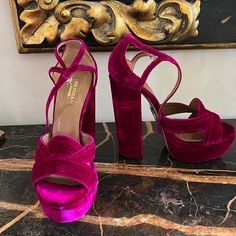 Absolutely Stunning Aquazzura Sundance Heels In Fuchsia Velvet. Never Worn Only Tried On. Please See Detailed Pictures. Please Message Me With Any Questions! Don’t Miss These Stunning Shoes! I Do Not Have The Box Or Dust Bag. Velvet Platform Heels, Fuchsia Shoes, Pink Nike Shoes, Aquazzura Shoes, Beautiful Heels, Velvet Heels, Stunning Shoes, Pink Nike, Fairytale Dress