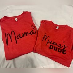 Super Cute Mom And Son Matching Tshirts, Never Worn. Custom Shirts! Adult Size Medium, Kids Size M 10-12 Mom And Son Matching Outfits Fall, Mommy And Me Son Outfits, Mama And Son Matching Outfits, Mom And Son Shirts Matching, Mom And Son Matching Shirts, Red Graphic Print T-shirt For Family Matching, Fun Red Top With Screen Print, Fun Red Screen Print Top, Family Matching Red Tops With Letter Print