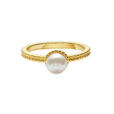 Stately Steel Simulated Pearl Solitaire Ring A pearl-inspired take on the solitaire, this ring features lots of dainty milgrain. It's wonderful as a simple understatement look, or as an easy addition to a layered ring stack.       Approx. 1/4"L x 1/4"W x 5/16"H     Stainless steel Classic Gold Stackable Pearl Rings, Classic Stackable Pearl Ring, Elegant Round Pearl Stackable Rings, Elegant Pearl Stackable Rings, Classic Pearl Stackable Rings, Elegant Adjustable Pearl Stackable Rings, Classic Stackable Pearl Ring For Formal Occasions, Classic Adjustable Pearl White Pearl Ring, Classic Adjustable Pearl Ring