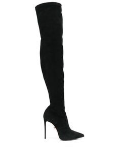 Sleek Suede Boots, Sleek Fitted Suede Boots, Luxury Suede Knee-high Boots With Pointed Toe, Elegant Suede Knee-high Boots For Night Out, Luxury Fitted Knee-high Boots For Winter, Luxury Suede Knee-high Boots For Evening, Fitted Suede Heeled Boots For Night Out, Fitted Luxury Knee-high Boots For Night Out, Luxury Fitted Over-the-knee Boots