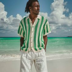 - Artisan hand-crocheted men's short-sleeve shirt with green and beige stripes offering a distinct beach vibe - Crafted with exceptional skill to provide a unique style statement piece for your wardrobe - Customizable fit to suit your body shape and size preferences, each shirt is made to order just for you - We endeavor to match the product to the image with high accuracy, ensuring you receive a creation that meets your expectations SIZES and MEASUREMENTS - The pictured item is suitable for siz Green Cotton Shirt For Beach Season, Green Short Sleeve Shirt For Beach Season, Green Crew Neck Beach Shirt, Cotton Crochet Short Sleeve Shirt, Short Sleeve Cotton Crochet Shirt, Casual Crochet Short Sleeve Shirt, Short Sleeve Crochet Cotton Shirt, Short Sleeve Crochet Shirt For Summer, Green Crochet Crew Neck Top