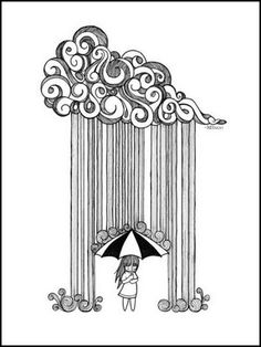 an image of a person holding an umbrella in front of a door with clouds and rain