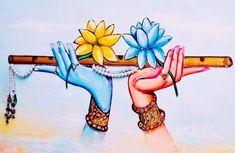 a painting of two hands holding a cross with flowers on it and pearls hanging from the side