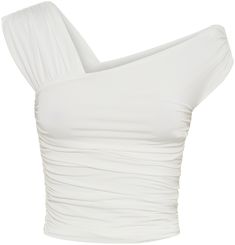 Ruched One Shoulder Sleeveless Top, One Shoulder Ruched Top For Night Out, Ruched One Shoulder Sleeveless Top For Night Out, Ruched Stretch One Shoulder Sleeveless Top, White One Shoulder Top For Night Out, Trendy Fitted One-shoulder Top With Ruched Detail, Chic White Tank Top With Asymmetrical Neckline, Trendy Fitted One Shoulder Top With Ruched Detail, White Chic Tank Top With Asymmetrical Neckline