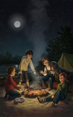 three children sitting around a campfire at night