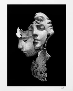 a black and white photo of two people's faces with their heads covered in masks