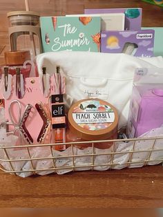 a basket filled with lots of items on top of a wooden table