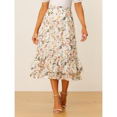 Featuring pretty ditsy floral prints, this midi skirt is a summer option that can be worn with just about anything. Channel elegant style in this midi skirt which is beautifully printed with a blossom pattern for a versatile look. It is made of lightweight fabric, adding definition to the free-flowing design. Falling to a waterfall midi hem, it sits high on the waist with a discreet side zip fastening. Summer days call for effortlessly feminine styles like skirts. Flowy Ruffle Hem Skirt For Garden Party, Flowy Skirt With Ruffle Hem For Garden Party, Long Floral Print Skirt For Brunch, Floral Print Midi Skirt For Brunch, Midi Floral Print Skirt For Brunch, Summer Garden Party Skirt With Ruffle Hem, Spring Floral Print Midi-length Bottoms, Knee-length Floral Print Spring Bottoms, Spring Floral Print Midi Bottoms