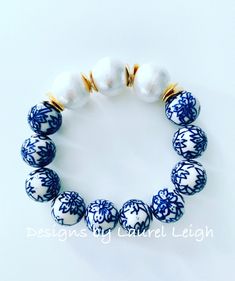 Blue & White Chinoiserie Bracelet - Chinoiserie Elegant Adjustable Blue Beaded Bracelets, Bohemian Blue Pearl Bracelet With Round Beads, Handmade Elegant Blue Pearl Bracelet, Elegant Handmade Blue Pearl Bracelet, Elegant Blue Handmade Bracelets, Elegant Blue Adjustable Pearl Bracelet, Elegant Adjustable Blue Pearl Bracelet, Elegant Adjustable Bracelet With Large Beads, Elegant Stretch Bracelet With Large Beads As Gift