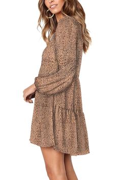 Brown Leopard Ruffle V-neck Flowy Loose Tunic Dress Brown V-neck Mini Dress With Ruffle Hem, Brown Chiffon V-neck Dress, Casual Chiffon V-neck Dress, Brown V-neck Ruffled Midi Dress, Brown V-neck Midi Dress With Ruffles, Summer Tunic Dress, Black Men Fashion Casual, Loose Tunic, Flowy Tunic