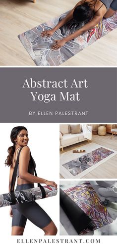 a woman is doing yoga in her living room with the words, abstract art yoga mat