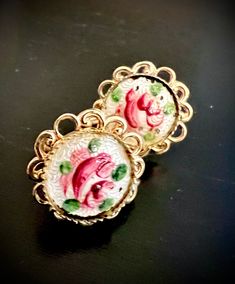 Dainty Guilloche Rose Floral Earrings with Pretty Flower petal setting, Goldtone, Vintage Screw Backs ✨In Excellent Vintage Condition✨ Will gift nicely 🎀 www.mysoulrepair.com Formal Pink Round Flower Earrings, Formal Pink Flower Earrings, Elegant Floral Print Earrings, Formal Rose Flower Earrings, Formal Rose Design Flower Earrings, Elegant Adjustable Rose Design Earrings, Elegant Pink Floral Print Jewelry, Elegant Floral Print Jewelry For Gift, Elegant Floral Print Jewelry As Gift