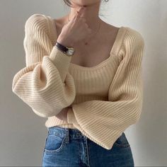 Knit Sweater Puffy Sleeve Cardigan Y2k, Chique Outfit, Top Rosa, Tight Sweater, Puff Sleeve Sweater, Colored Cardigans, Solid Sweaters, Áo Len Cardigan, Sleeves Clothing