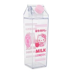 a pink hello kitty milk carton with a strawberry in the front and an image of a hello kitty on the side