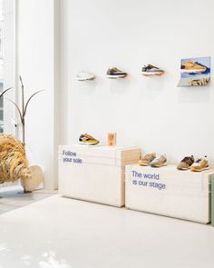 two canvas storage boxes with shoes on them in front of a wall mounted art piece