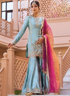 Garara Designs Pakistani Dresses, Organza Dupatta Embroidery, Satin Anarkali, Shadi Dress, Gharara Designs, Dupatta Embroidery, Gharara Suits, Asian Dresses, Long Sleeve Dresses Fall