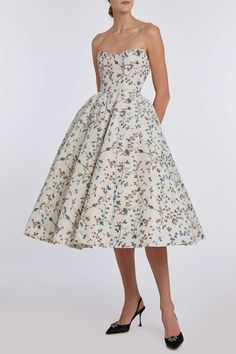 Fiorela Off-White Vine Ikat Strapless Midi Dress | Over The Moon Vintage Strapless Dress, Elegant Floral Print A-line Strapless Dress, White Strapless Evening Dress With Floral Print, Elegant Strapless A-line Dress With Floral Print, White Strapless Dress With Fitted Bodice For Garden Party, Corset Dress Midi, Midi Dress For Wedding Guest, Midi Dress Classy, Fashion Makeover