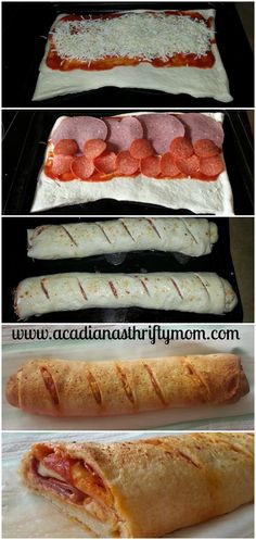 four different types of bread with meats and cheese on them in the process of baking