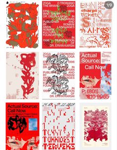 several different types of red and white artwork