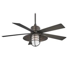 a ceiling fan with a light hanging from it's blades and a cage on top