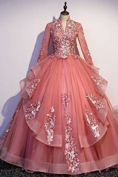 Long Sleeves Coral Appliqued Ball Gown with High Neck