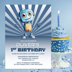 a birthday card with an image of a robot holding a lit candle on top of a cupcake