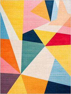 an abstract rug with multicolored shapes and lines on the bottom, in various colors