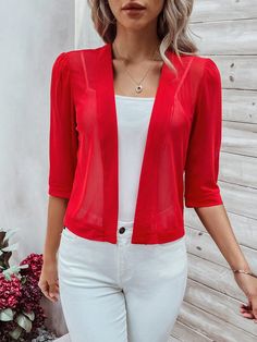 Red Elegant Collar Three Quarter Length Sleeve Knitted Fabric Plain Other Embellished High Stretch  Women Clothing Summer Loungewear, Open Front Jacket, Slim Fit Top, Red Outfit, Long Sleeves Jacket, Red Jacket, Lightweight Jacket, Outerwear Women, Fashion Online Shop