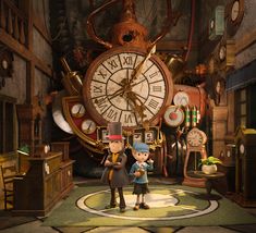 an animated scene with two people standing in front of a large clock and other items