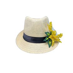 Panama hat / fedora straw hat decorated with a handmade beaded pearl tembleque flowers. This hat is perfect to cover yourself from the sun and show your Panamanian pride at the same time —- Very chic and cute style... will match all your outfits Handmade Flower Hats For Summer, Summer Vacation Hats With Flower Shape, Summer Vacation Hat With Flower Shape, Adjustable Tropical Fedora Straw Hat, Summer Straw Hat With Adjustable Flower Shape, Summer Vacation Sun Hat With Flower Shape, Adjustable Flower Straw Hat For Beach, Summer Flower Hats With Adjustable Fit, Bohemian Flower Sun Hat For Beach