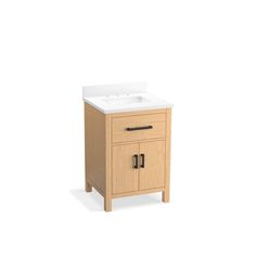 a small wooden sink cabinet with a white counter top and two doors on the front