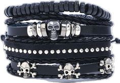 Skull 2 Multilayer Bracelet Set - Silverado Outpost Metal Rocker Style Bracelet For Festivals, Edgy Black Band Bracelets, Black Gothic Bracelets With Skull Print, Black Skull Punk Bracelets, Punk Black Skull Bracelets, Adjustable Skull Bracelet With Edgy Style, Black Rock Style Bracelets For Festival, Adjustable Black Rock Bracelet, Edgy Black Bracelet For Festivals