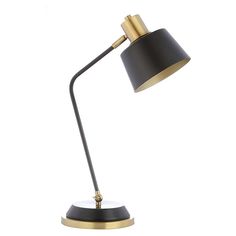 a black and gold desk lamp on a white background, with the light turned off