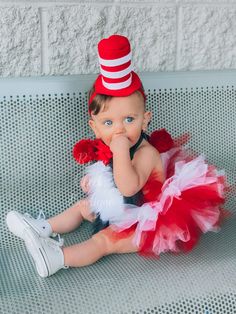 Cat in the hat inspired outfit with hat for baby girl or toddler girl Playful Red Hat For Spring, Playful Red Spring Hat, Cute Spring Hats For Playtime, Cute Fitted Hats For Playtime, Playful Red Hats For Playtime, Playful Red Hat For Playtime, Cute Birthday Hats For Spring, Cute Hats For Birthday In Spring, Cute Costume Hats And Headpieces