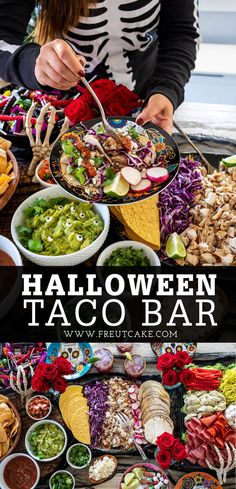 a table full of tacos and other foods with text overlay that reads halloween taco bar